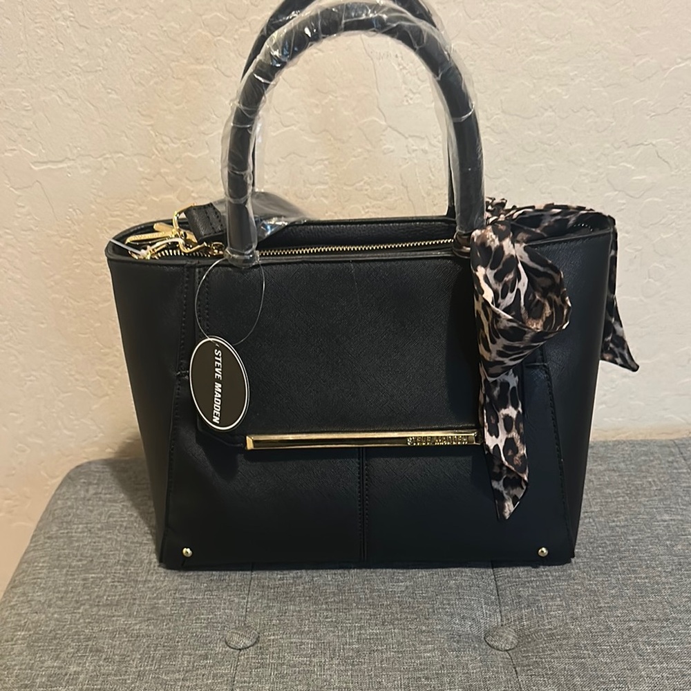 Steve Madden Black Handbag with Leopard Scarf Accent